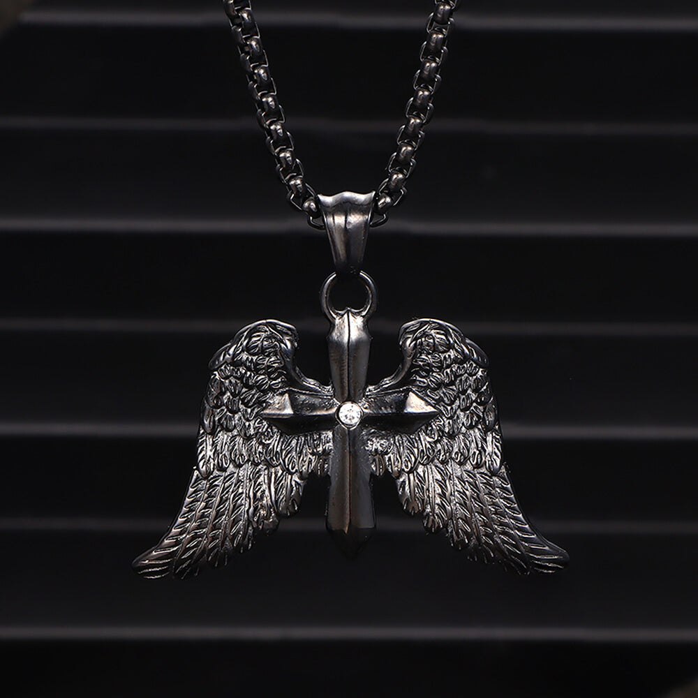 Vintage Cross Angel Wings Stainless Steel Pendant
