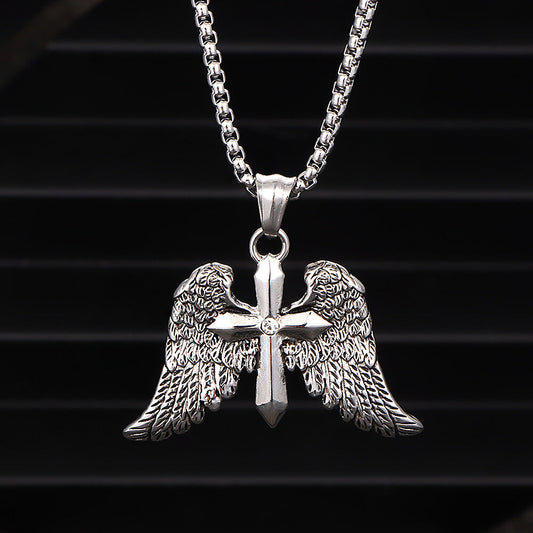 Vintage Cross Angel Wings Stainless Steel Pendant