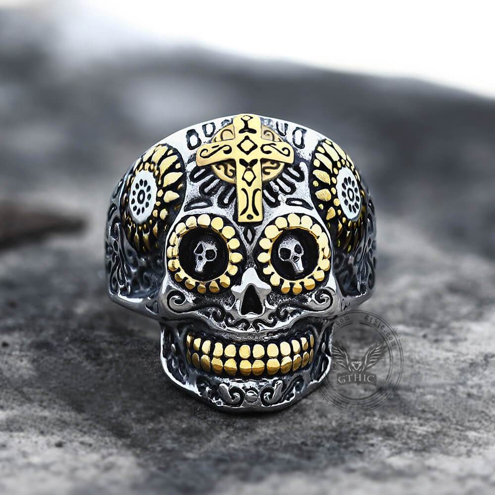 Vintage Cross Stainless Steel Sugar Skull Ring