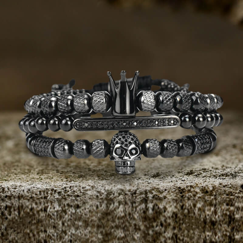 Vintage Crown Stainless Steel Skull Bracelet Set
