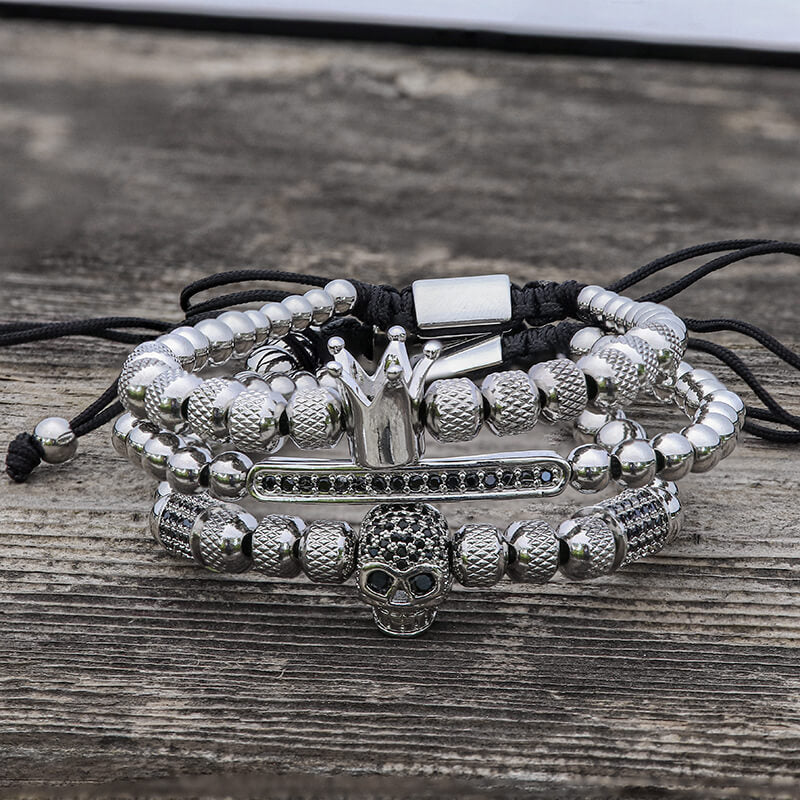 Vintage Crown Stainless Steel Skull Bracelet Set