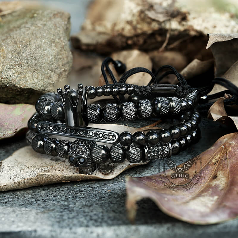Vintage Crown Stainless Steel Skull Bracelet Set