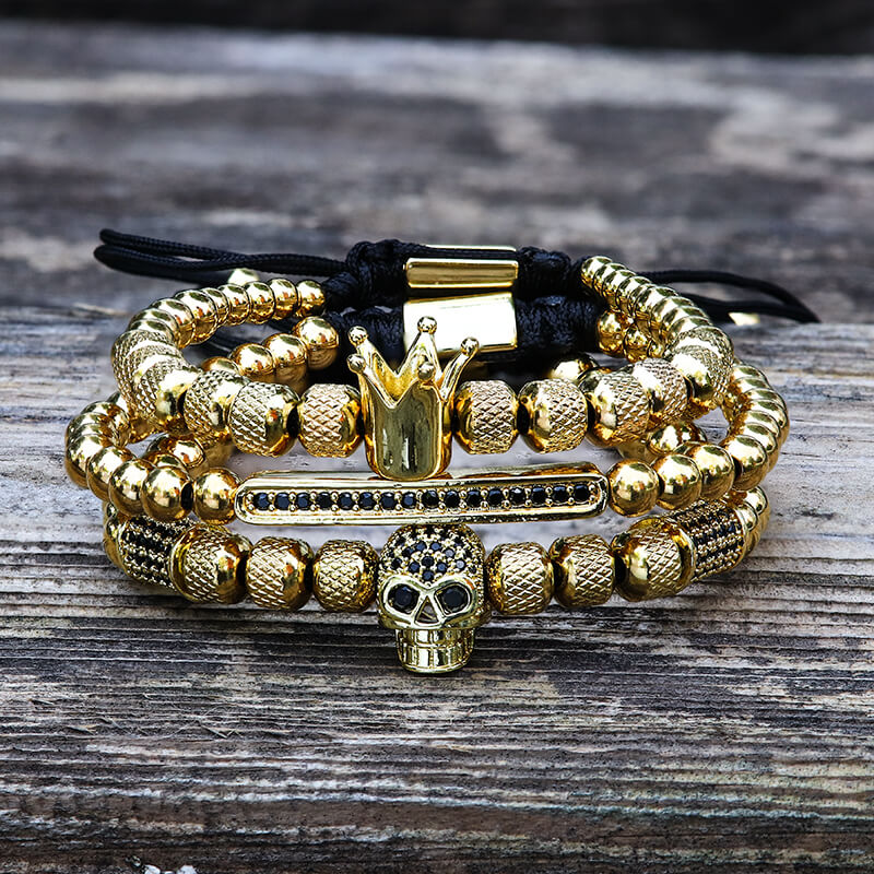 Vintage Crown Stainless Steel Skull Bracelet Set