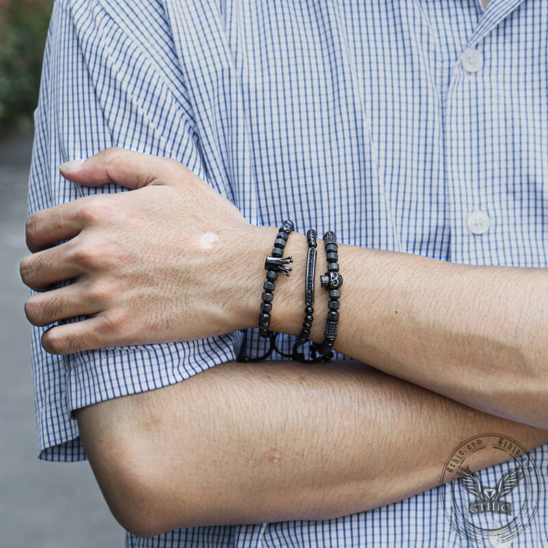 Vintage Crown Stainless Steel Skull Bracelet Set