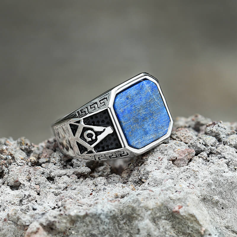 Vintage Frosted Lapis Lazuli Masonic Stainless Steel Ring