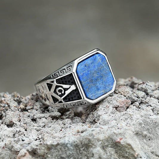 Vintage Frosted Lapis Lazuli Masonic Stainless Steel Ring