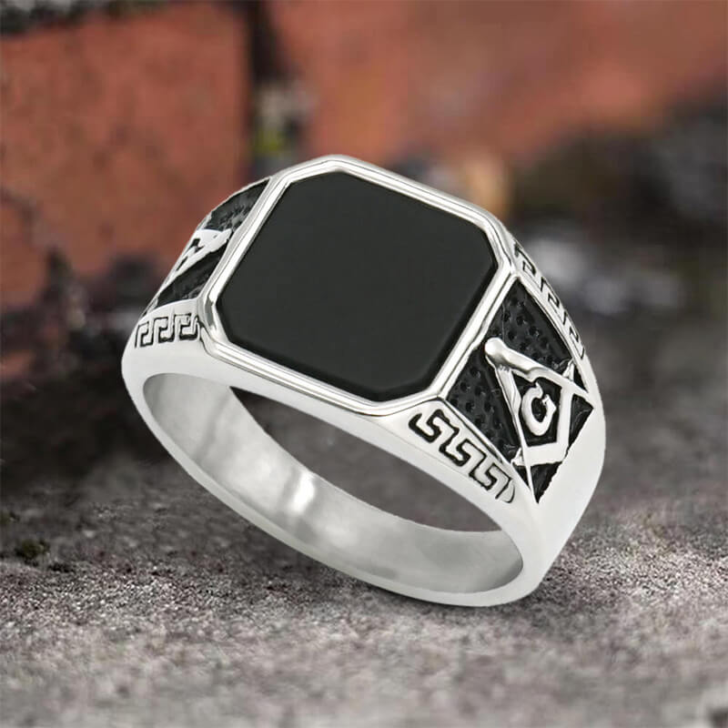 Vintage Frosted Lapis Lazuli Masonic Stainless Steel Ring