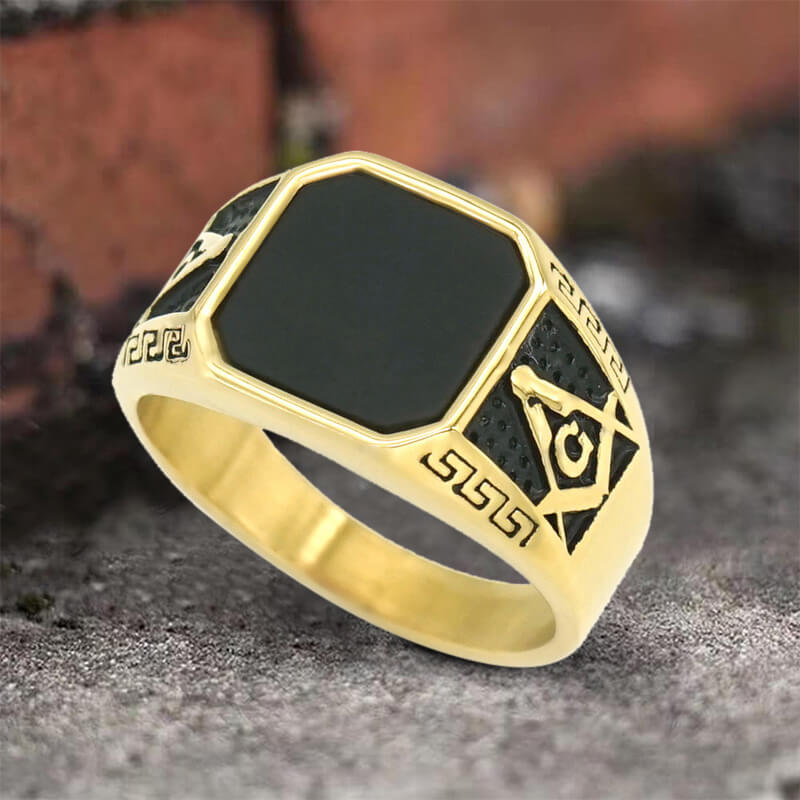 Vintage Frosted Lapis Lazuli Masonic Stainless Steel Ring