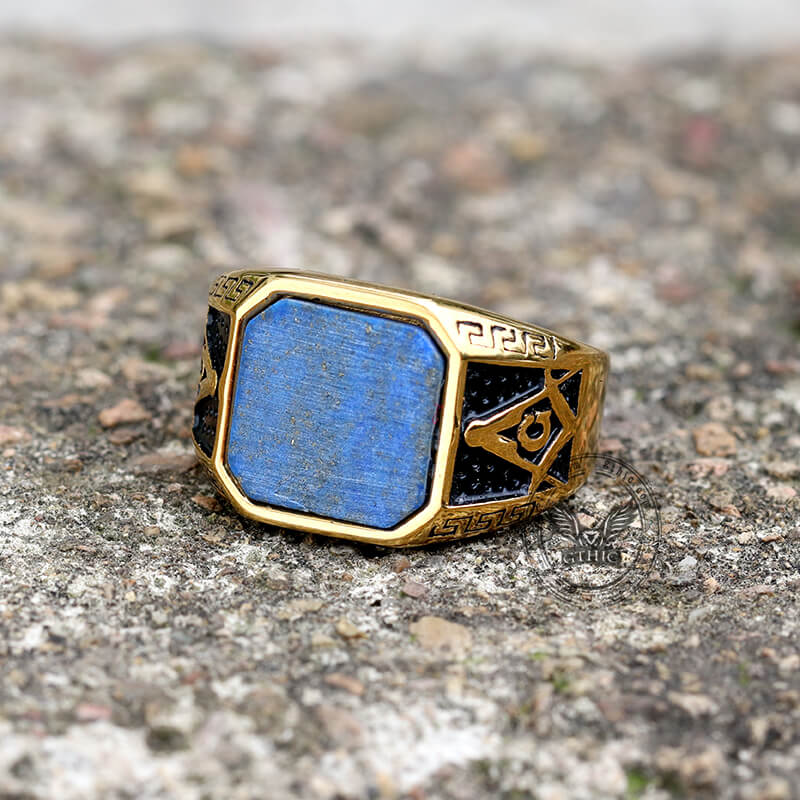 Vintage Frosted Lapis Lazuli Masonic Stainless Steel Ring