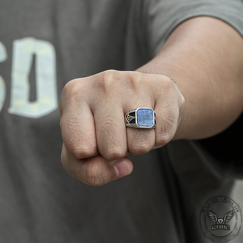 Vintage Frosted Lapis Lazuli Masonic Stainless Steel Ring