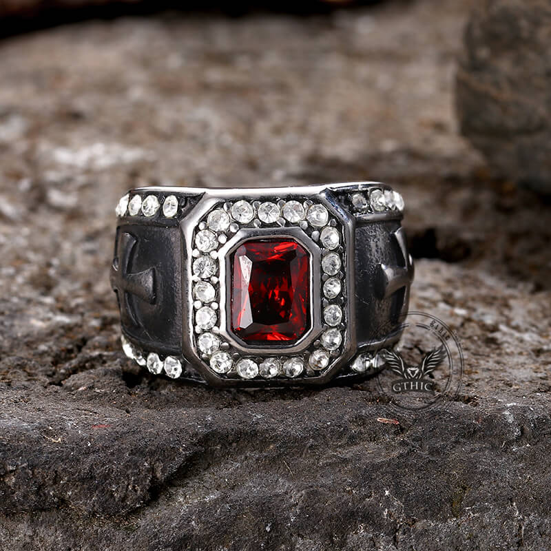 Vintage Gemstone Cross Stainless Steel Ring