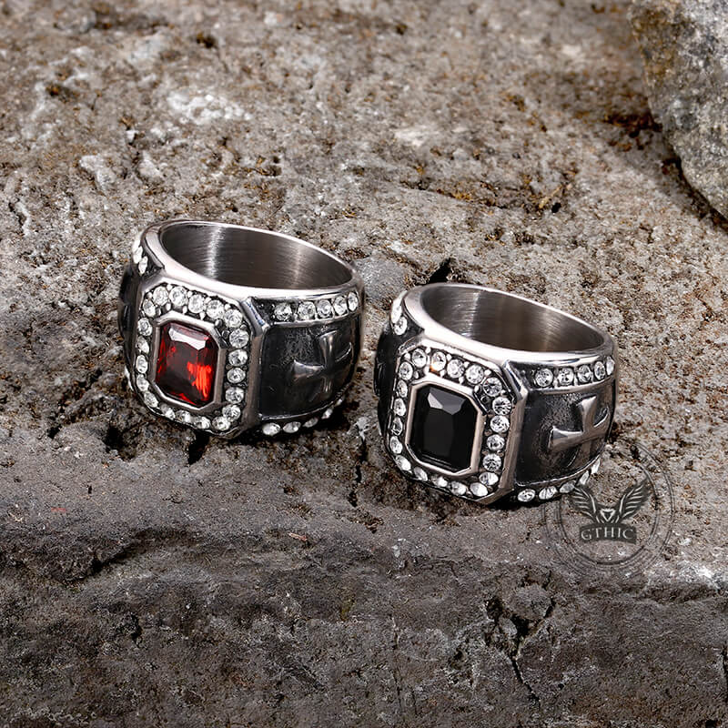 Vintage Gemstone Cross Stainless Steel Ring