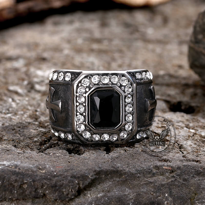 Vintage Gemstone Cross Stainless Steel Ring
