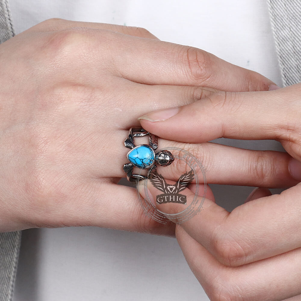 Vintage Indian Turtle Turquoise Stainless Steel Ring
