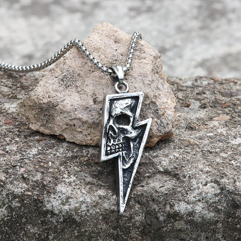 Vintage Lightning Bolt Skull Stainless Steel Pendant