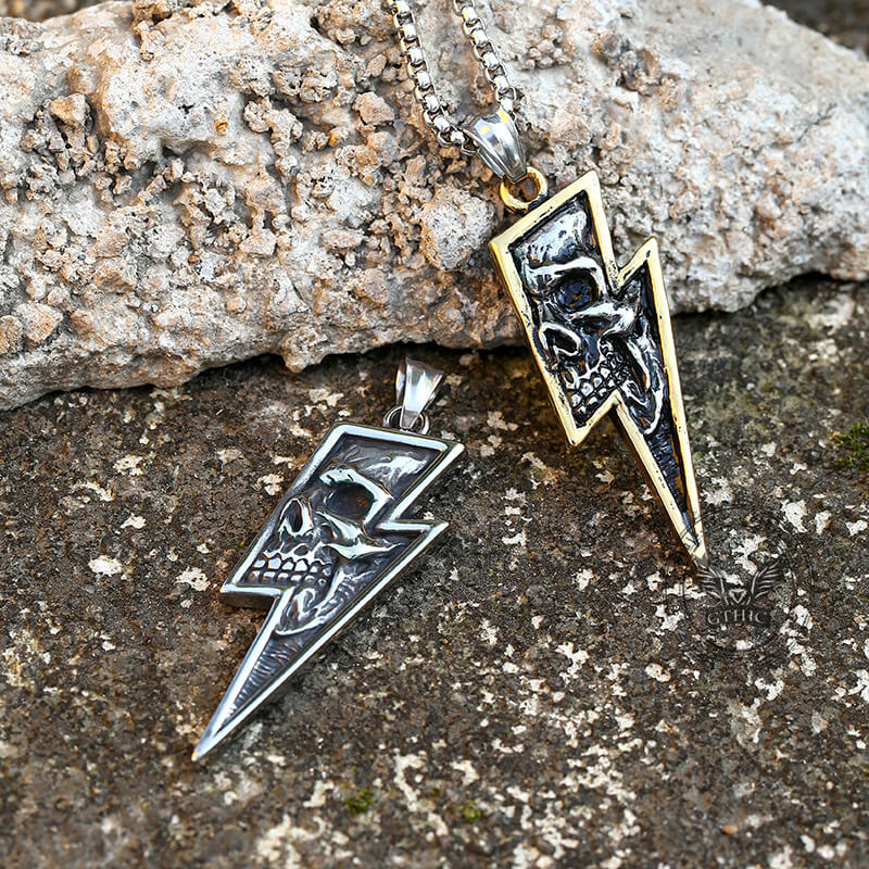 Vintage Lightning Bolt Skull Stainless Steel Pendant