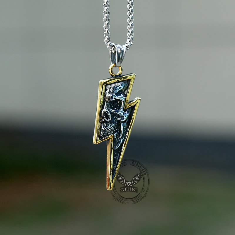 Vintage Lightning Bolt Skull Stainless Steel Pendant