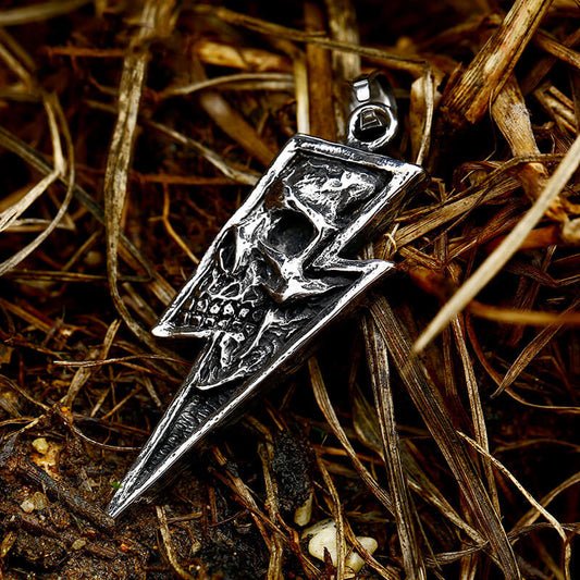 Vintage Lightning Bolt Skull Stainless Steel Pendant