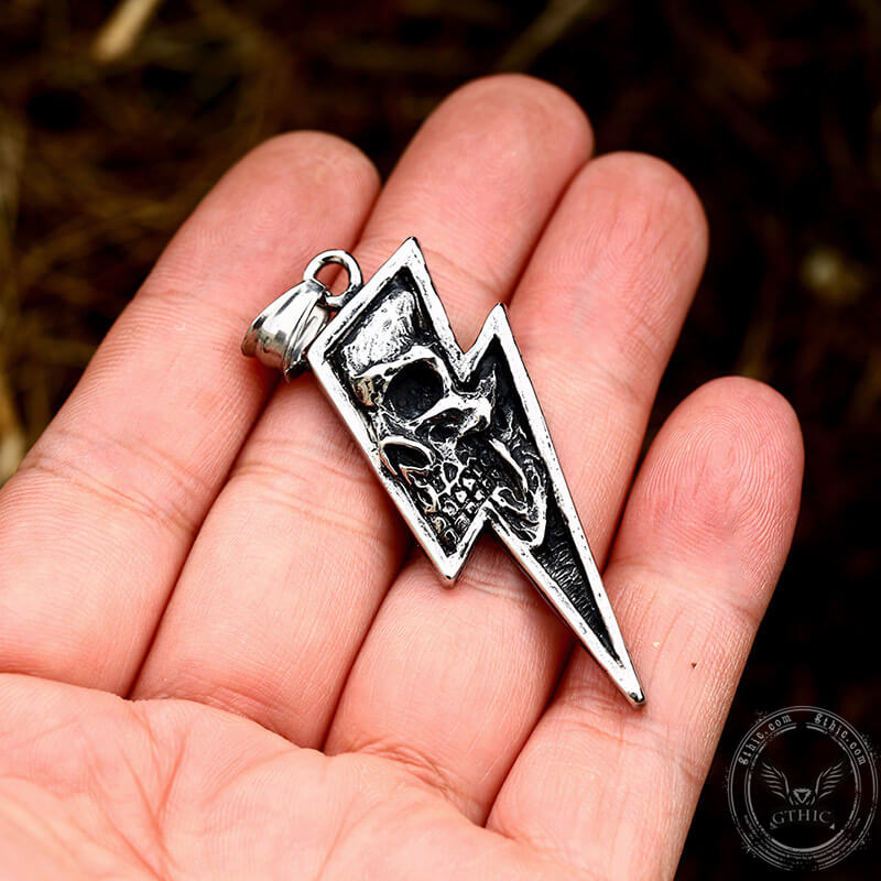 Vintage Lightning Bolt Skull Stainless Steel Pendant