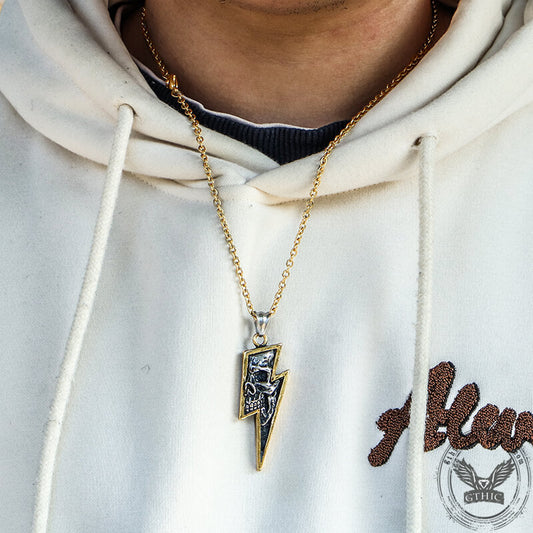 Vintage Lightning Bolt Skull Stainless Steel Pendant