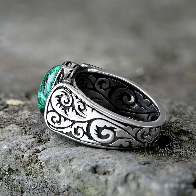 Vintage Malachite Inlaid Stainless Steel Gemstone Ring