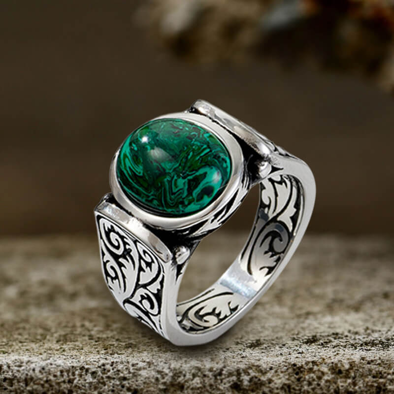 Vintage Malachite Inlaid Stainless Steel Gemstone Ring