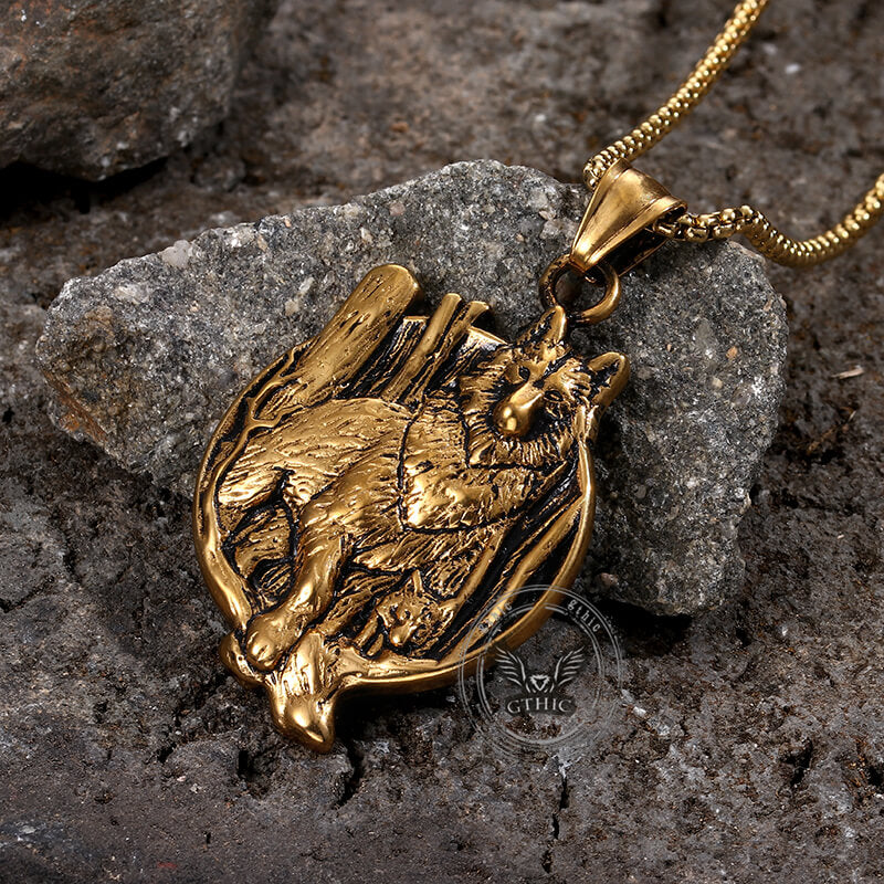 Vintage Nordic Viking Wolf Head Stainless Steel Pendant Necklace