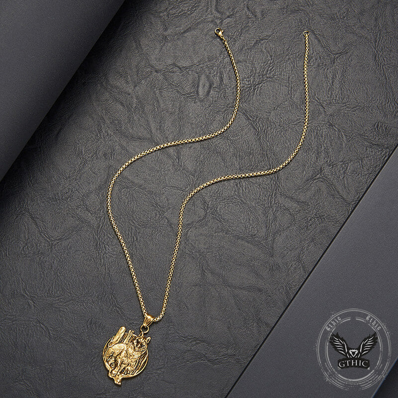 Vintage Nordic Viking Wolf Head Stainless Steel Pendant Necklace