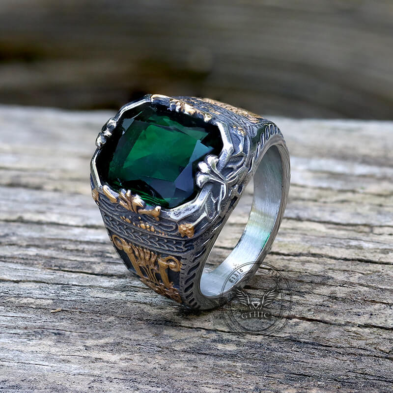 Vintage Patterns Green Zircon Stainless Steel Ring