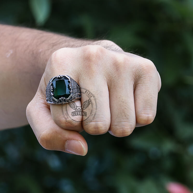 Vintage Patterns Green Zircon Stainless Steel Ring