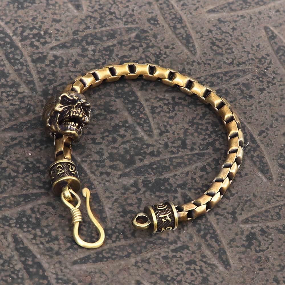 Vintage Skull Brass Box Chain Bracelet