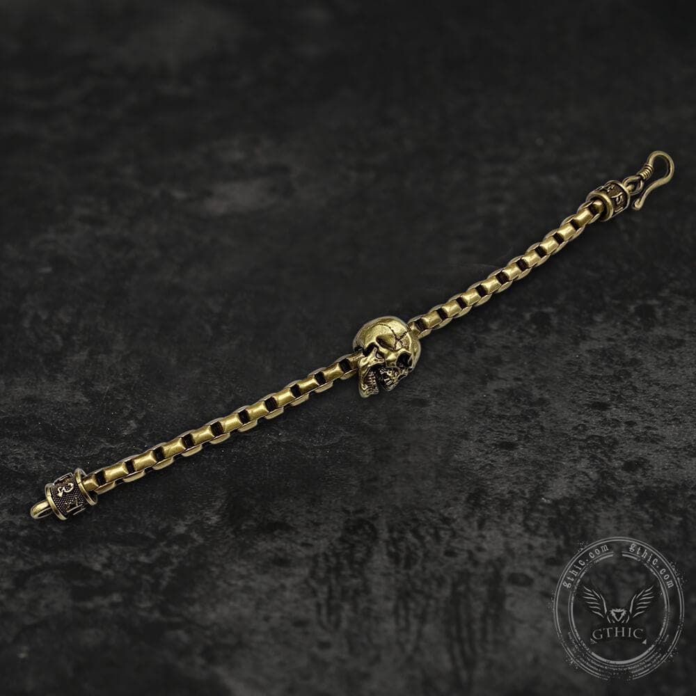 Vintage Skull Brass Box Chain Bracelet