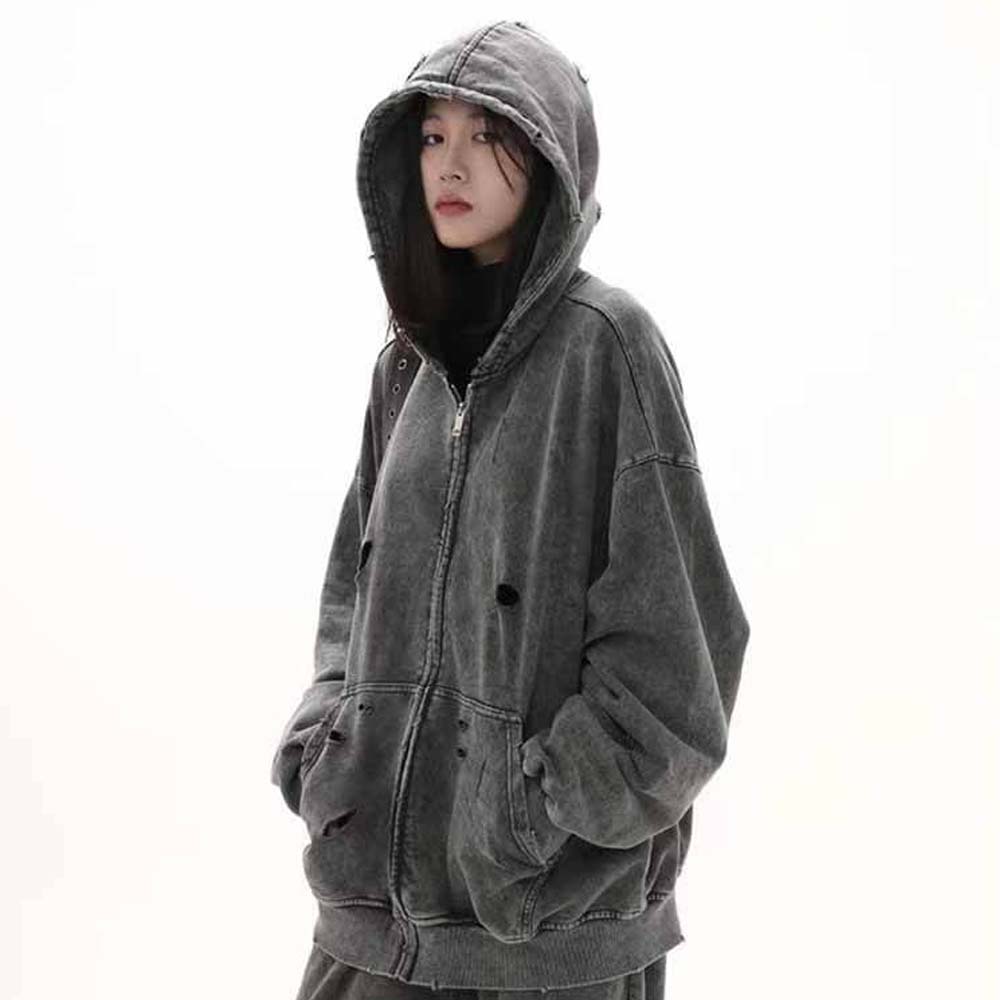 Vintage Street Washed Ripped Hooded Jacket And Pants