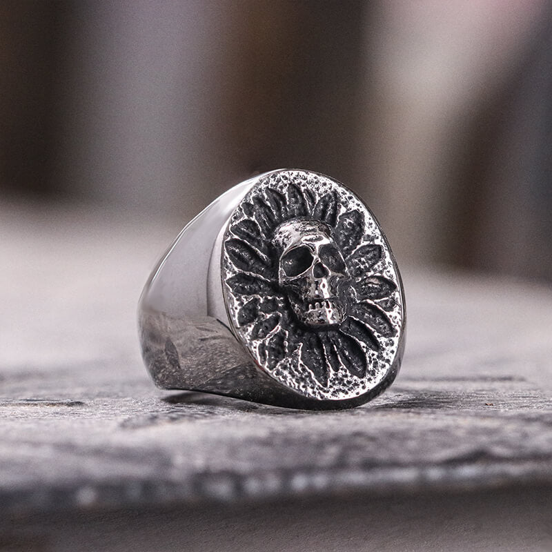 Vintage Sunflower Skull Stainless Steel Ring