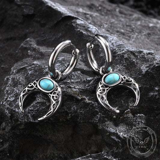 Vintage Turquoise Moon Stainless Steel Hoop Earrings