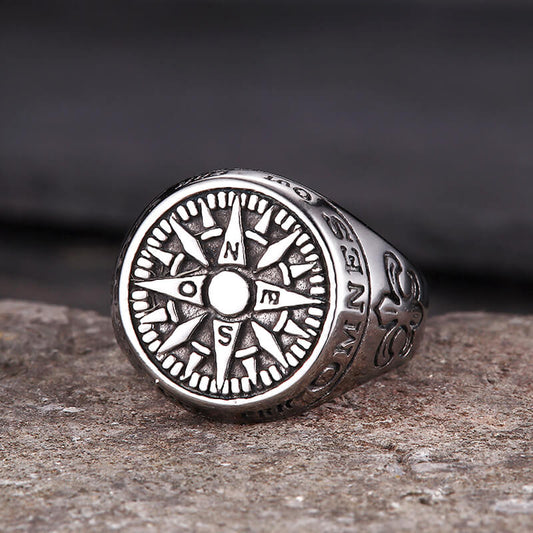 Vintage Viking Nordic Compass Stainless Steel Marine Ring