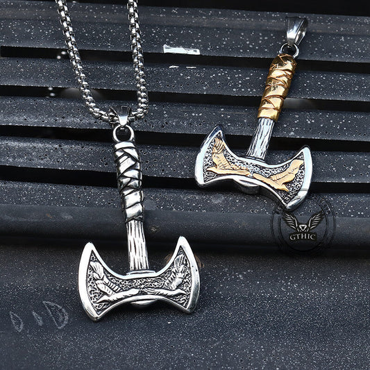 Vintage Viking Raven Axe Stainless Steel Pendant