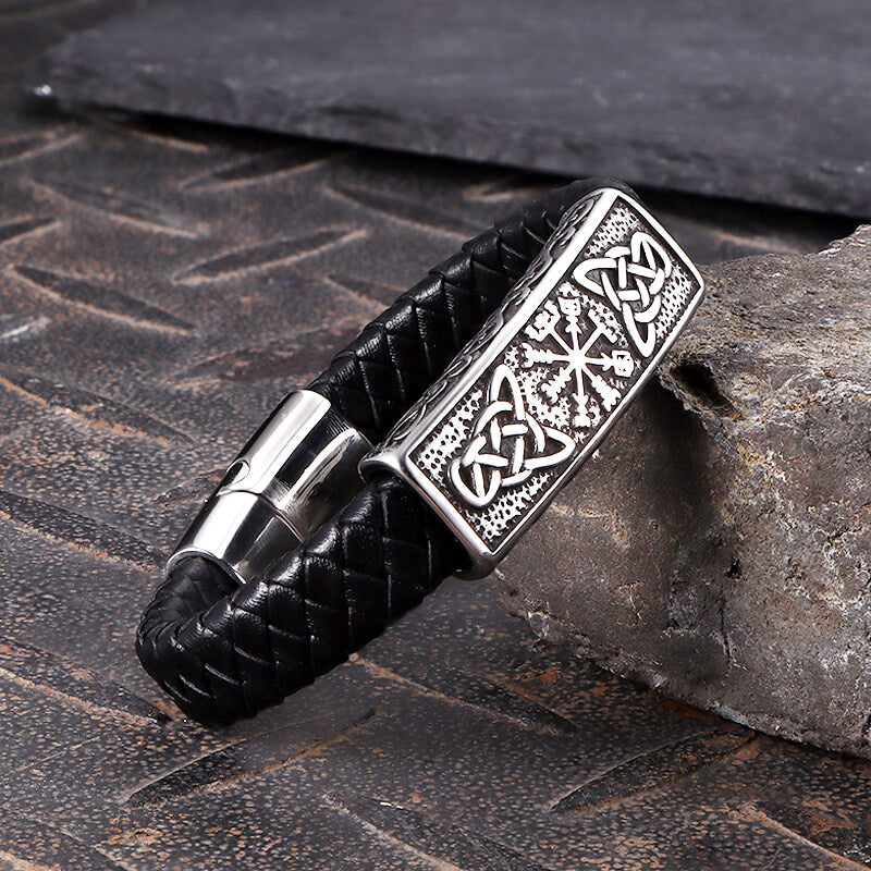 Vintage Viking Rune Stainless Steel Leather Bracelet