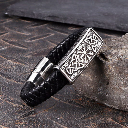 Vintage Viking Rune Stainless Steel Leather Bracelet