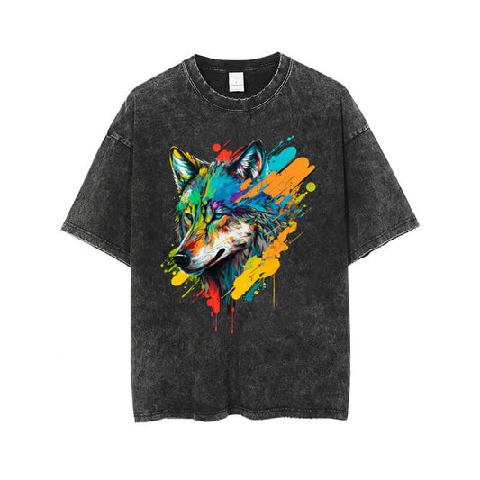 Vintage Washed Colorful Wolf Head Print T-shirt