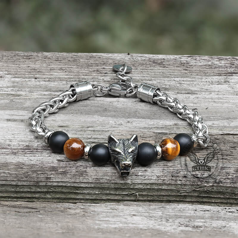 Vintage Wolf Head Tiger’s Eye Stainless Steel Bracelet