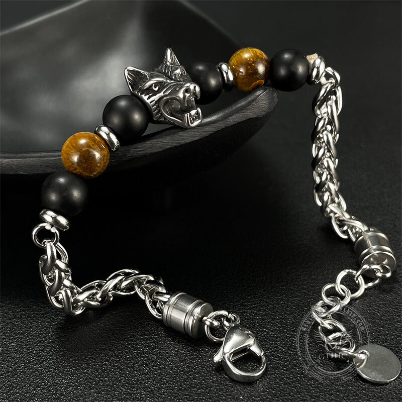 Vintage Wolf Head Tiger’s Eye Stainless Steel Bracelet