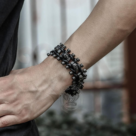 Vintage Woven Leather Stainless Steel Skull Bracelet