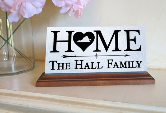 Virginia Home Marble Desk Sign – Personalized Family Name Plaque With Heart & State Outline