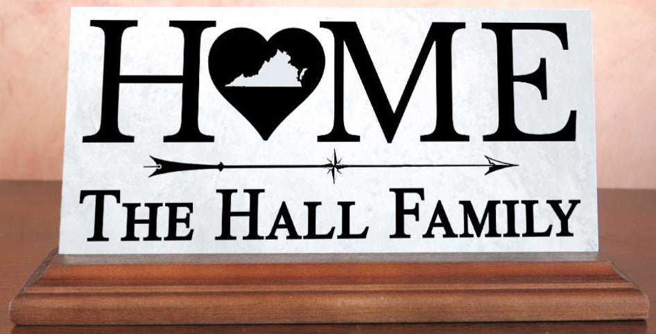 Virginia Home Marble Desk Sign – Personalized Family Name Plaque With Heart & State Outline