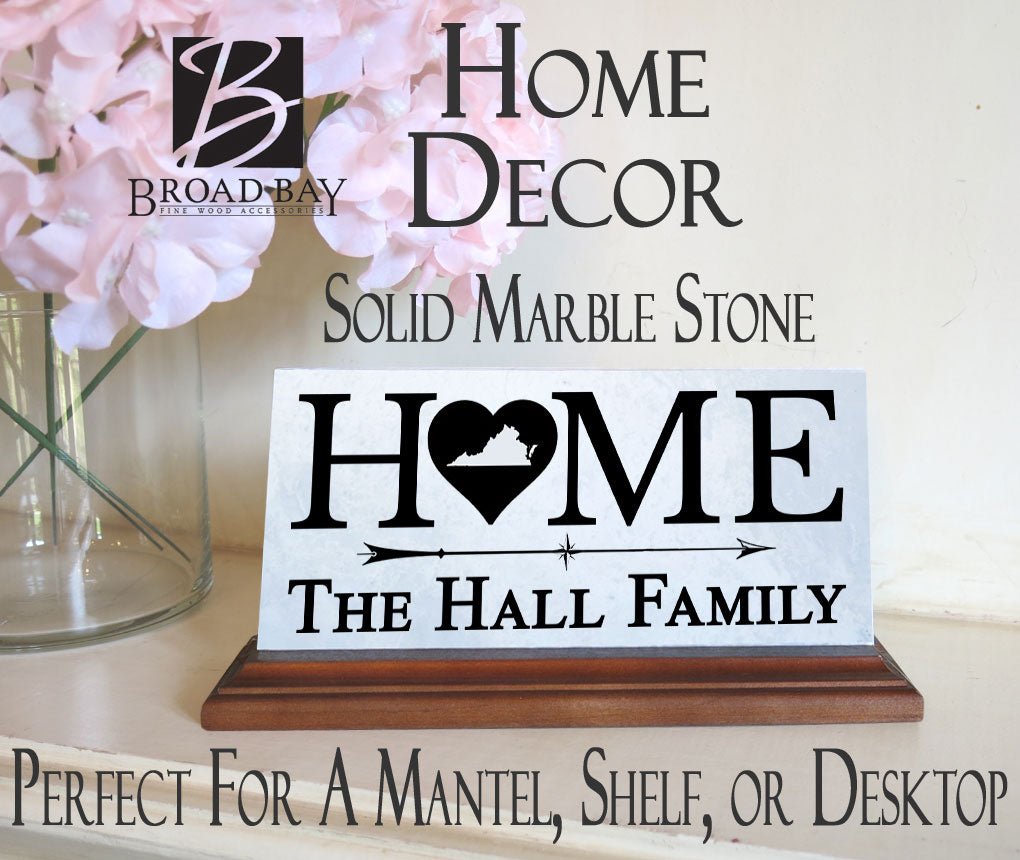 Virginia Home Marble Desk Sign – Personalized Family Name Plaque With Heart & State Outline
