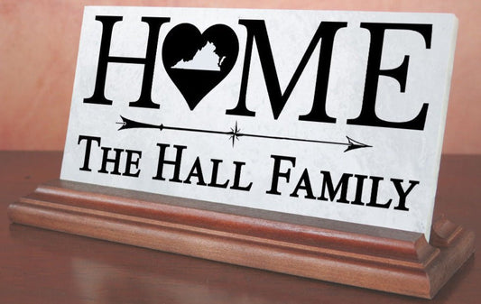 Virginia Home Marble Desk Sign – Personalized Family Name Plaque With Heart & State Outline