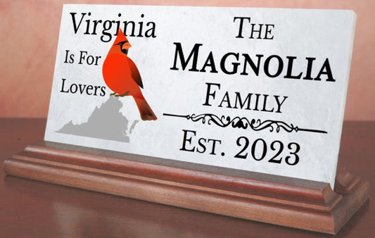 Custom Virginia Family Name Sign – “Virginia Is For Lovers” Marble Plaque With Cardinal