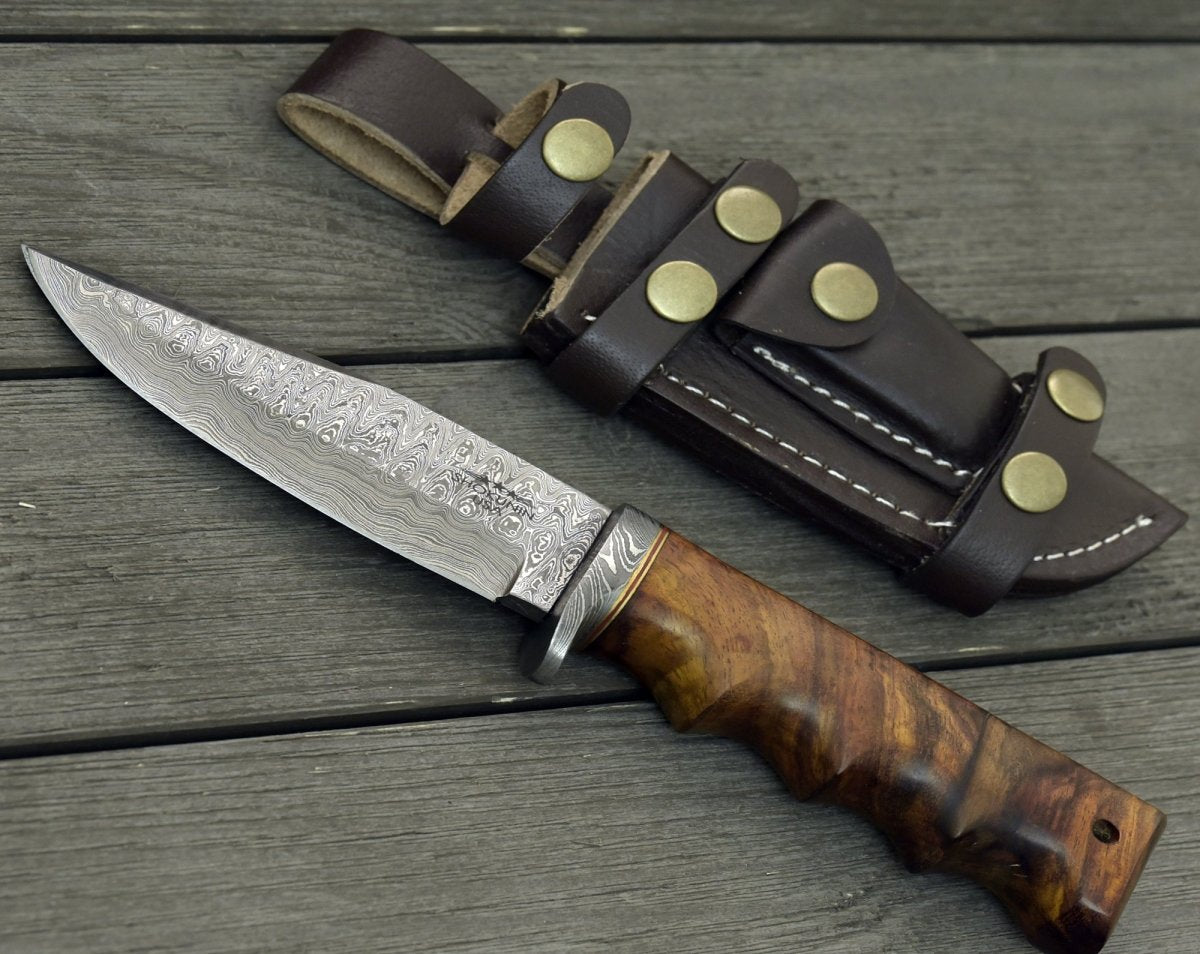 Vivid Damascus Hunting Knife with Exotic Rose Wood handle