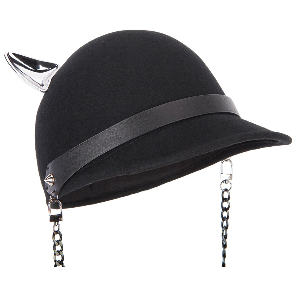 Women's Silver Metal Ear Accent Wide Band Detailed with Chain Wool Newsboy Cap